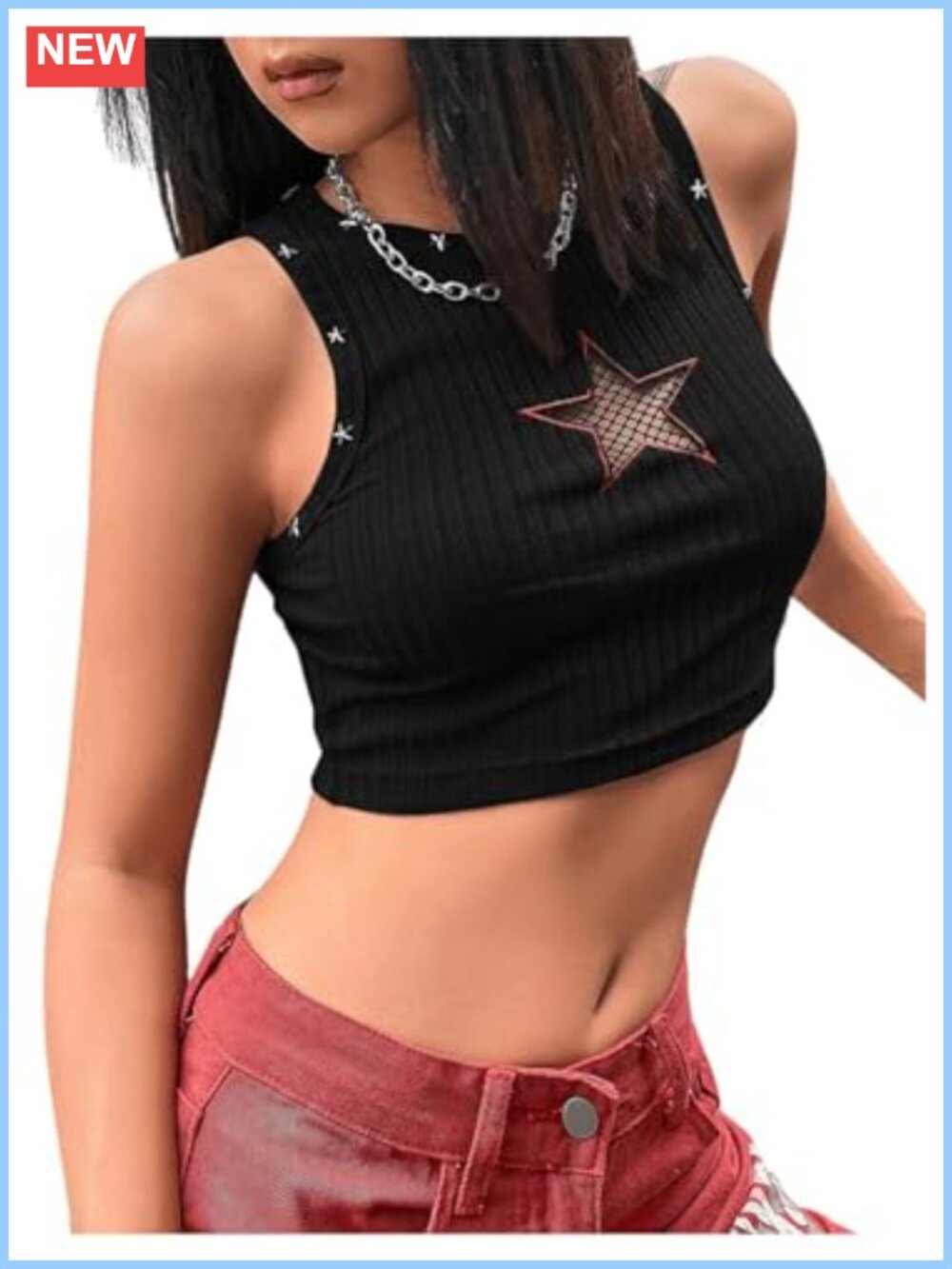 Women's Y2K Star Cut Out Fishnet Crop Tank Top Sleeveless Ribbed Concert